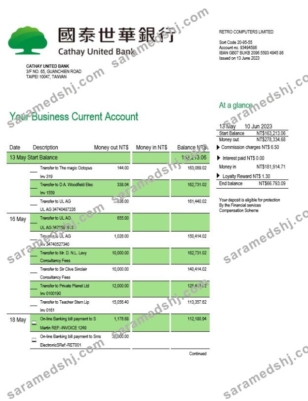 Cathay United Bank enterprise account statement Word and PDF template